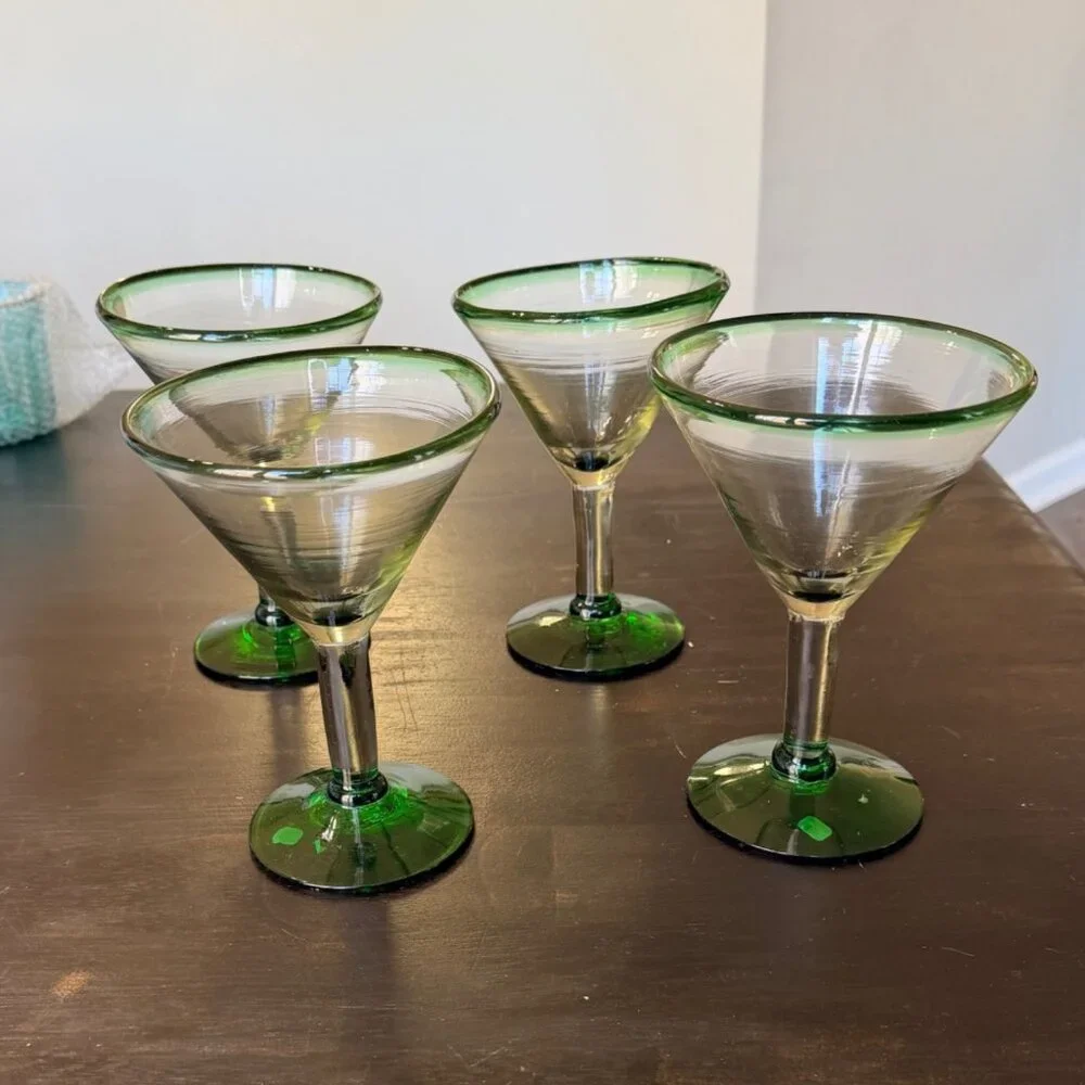 Vintage Mexican Green Rim Margarita‎ Glasses 8 oz Set of Four